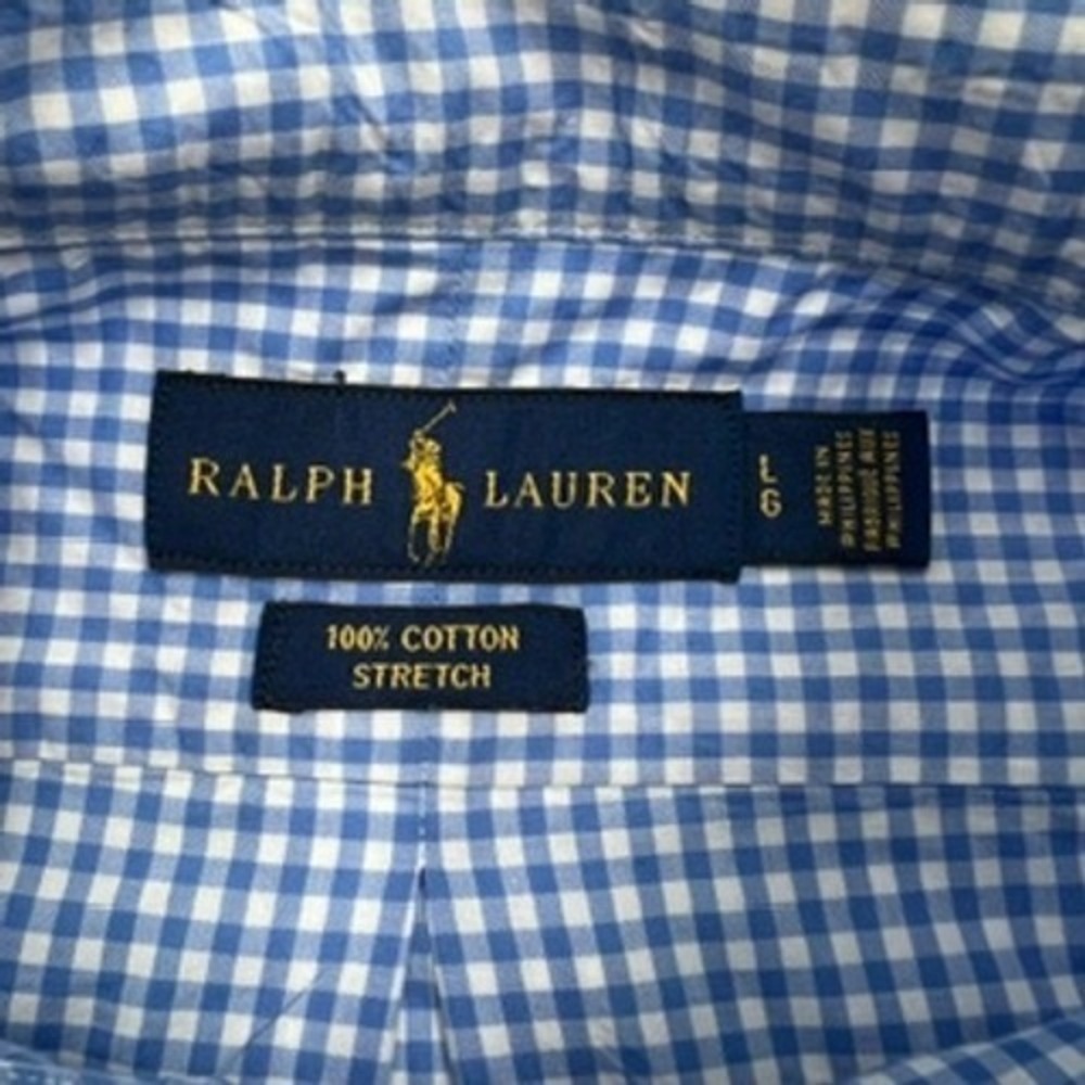 Ralph Lauren Mens Blue Gingham Check Button Down Shirt Large Stretch Cotton L - Picture 5 of 12